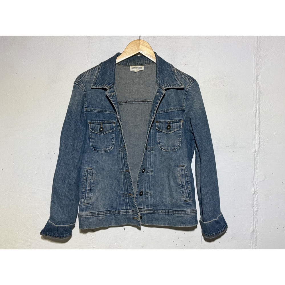 St. John's Bay Womens M Medium Wash Blue Stretch Denim Trucker Jean Jacket boho